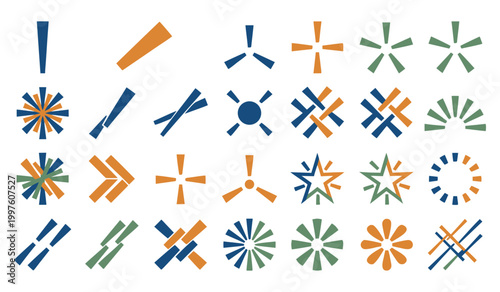 Abstract geometric shapes and symbols in various colors and arrangements with geometric abstract patterns