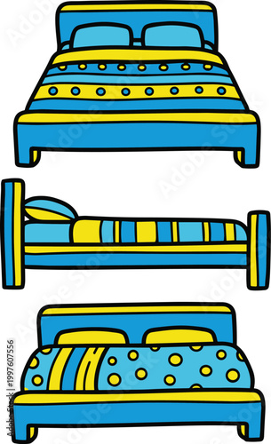 Colorful Bed Furniture Vector Illustration Featuring Front and Side Views of Modern Beds with Pillows Blankets and Mattress for Bedroom Interior Design
