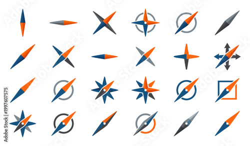 Collection of compass rose and navigation icons in blue and orange tones with navigation direction collection