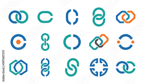 Interlocking chain links and circular icons in blue teal orange with connection interlocking abstract teamwork