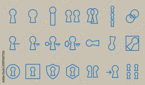 Collection of keyhole and key icons in blue outline on beige background with security protection illustration