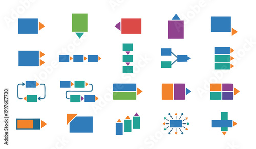 Collection of business and data visualization icons in color on white background with business, visualization