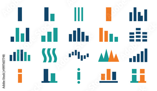 Collection of diverse bar chart and graph icons for data visualization and analytics with analytics, visualization