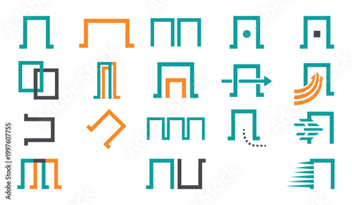 Collection of stylized doorway entrance exit icons with entrance direction movement collection abstract