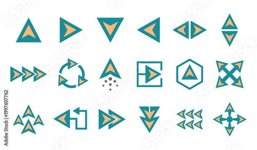 Set of directional arrow and navigation icons with navigation direction movement backward circular previous