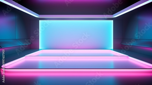 Modern empty cinema room with neon purple lighting and minimalist design