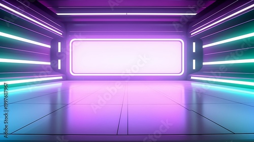 Futuristic neon-lit corridor with digital display and motion blur effect
