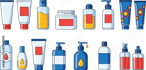 Skincare and cosmetic packaging set with lotion tubes bottles pump dispensers and beauty product containers vector illustration collection