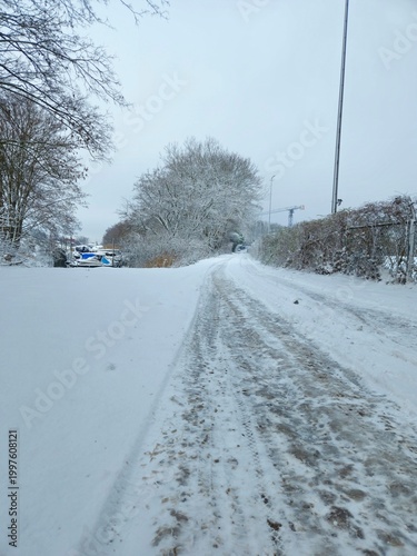 Urban winter scene. road covered with snow. Scenic image of spruces trees. Winter landscape - wooden house in snowy forest. Vertical photo. wooden bridge covered with snow.