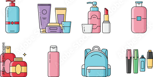 Cosmetics and personal care icon set with lotion bottles makeup perfume and beauty products vector illustration collection