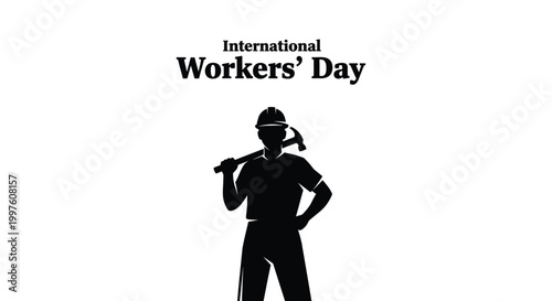 Professional construction worker silhouette holding a hammer to celebrate the international workers day holiday event graphic