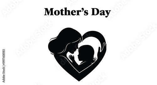 Elegant silhouette illustration featuring a loving mother cradling her young child inside a decorative heart shape