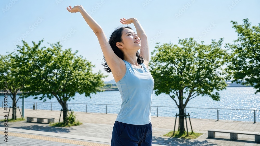 Obraz premium 晴れた海辺の公園で両手を広げて深呼吸するランニング中の女性