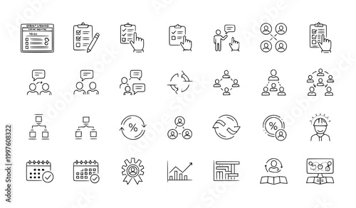 Business and Project Management Icon Set Featuring Team Communication, Workflow, Scheduling, Analytics and Organization Symbols in Minimal Outline Style
