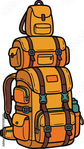 Large Hiking Backpack Vector Illustration Featuring Multi Pocket Travel Bag with Straps Buckles and Outdoor Gear Design for Camping Trekking and Adventure