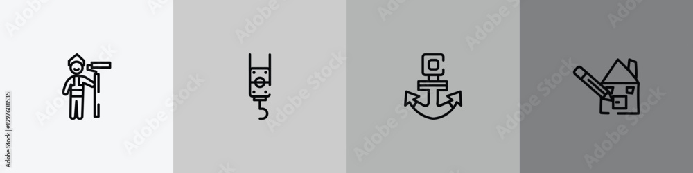 Obraz premium hand drawn construction outline icon set featuring man painting, pulley hook, anchor navigational tool, pencil and house draw icons.
