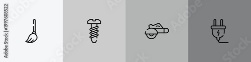 home repair fill outline icon set featuring mop, bolts, electric saw, electrical plug icons.
