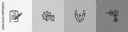 do it yourself outline icon set featuring pencil on paper sheet, tools window, inclined magnet, hine drill icons.
