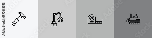 construction outline icon set featuring hammer tool, backhoes, measuring tape, excavator side view icons.