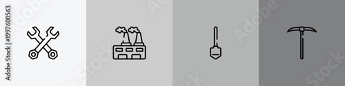 toolbox outline icon set featuring double wrench, wastes, working shovel, gardening digger icons.