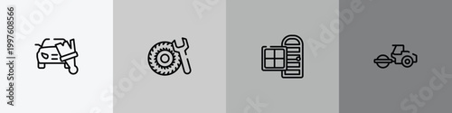 construction outline icon set featuring car painting, tyre, door and window, steamroller icons.