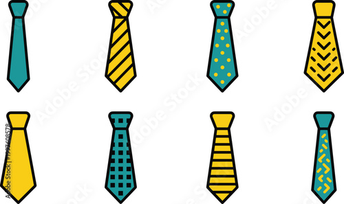 Minimal Necktie Icon Set Vector Illustration Featuring Simple Solid and Patterned Ties for Business Fashion Formal Wear and Clothing Design Elements