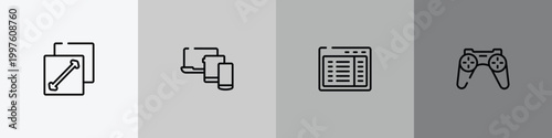 computer devices outline icon set featuring fit screen, three devices connected, program interface, wireles gamepad icons.