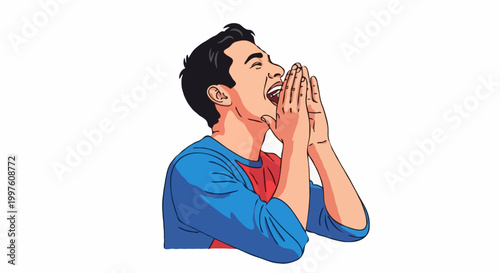 A man is shouting with his hands near his mouth 