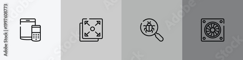 hardware computer outline icon set featuring tablet and cellphone, full screen, bugs search, computer fan icons.