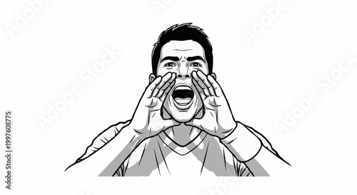 A person is shouting loudly with both hands around his mouth, perhaps to call for help or to cheer