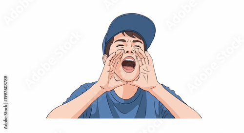 A young person yelling loudly with both hands around his mouth
