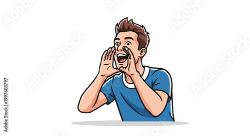 A man enthusiastically shouting, conveying a message with amplified volume
