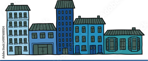 Urban Building Row Vector Illustration Featuring Residential and Commercial Houses with Different Heights Facades and Roof Styles for Cityscape Architecture Design