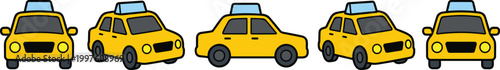 Yellow Taxi Car Collection Vector Illustration Featuring Multiple Angles of Cab Vehicles for Urban Transportation Travel Service and City Mobility Design
