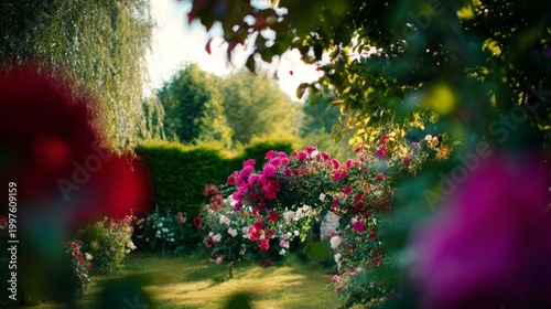 shrub. Sunlit garden with vibrant flowers and lush greenery, dappled light th...