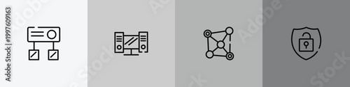 cyber robbery outline icon set featuring hub, workstation, network connection, theft icons.