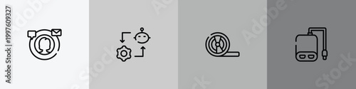 electronics outline icon set featuring digital campaign, synchronizing, magnetic tape, power bank icons.