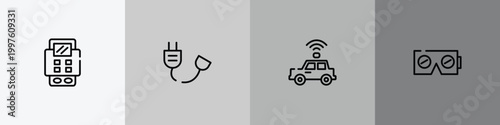 digital services outline icon set featuring bank terminal, power cable, self driving, virtual reality icons.