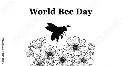 Commemorating World Bee Day with a simple black bee silhouette flying over delicate outline flowers