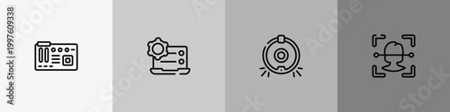 computer technology outline icon set featuring motherboard, preferences, robot vacuum cleaner, face recognition icons.