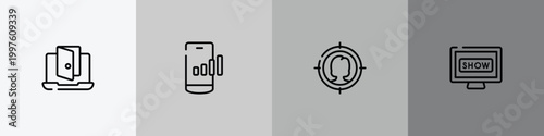 television outline icon set featuring backdoor, mobile network, target audience, tv show icons.