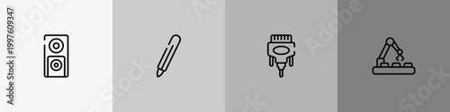 ai for earth outline icon set featuring dvd player, digital pen, dvi, conveyor belt icons.