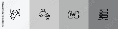 network architecture outline icon set featuring invention, safe driving, vr goggles, hosting server icons.