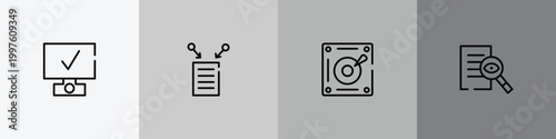 internet outline icon set featuring deployment, data collection, harddisk, investigation icons.