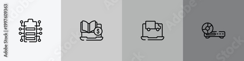 electronics outline icon set featuring battery status, tuition, online tracking, woofers icons.