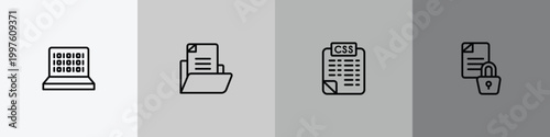 data organization outline icon set featuring binary code, document file, style sheet, encrypted data icons.