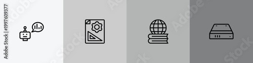 it & components outline icon set featuring prediction, prototyping, learning, hard drive icons.