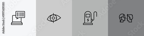 artificial intelligence outline icon set featuring subtitles, retinal scan, electric station, turing test icons.