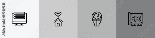hardware outline icon set featuring online library, smarthome, stalk, sound card icons.