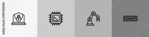 it & components outline icon set featuring internet security, processor, mechanical arm, usb port icons.